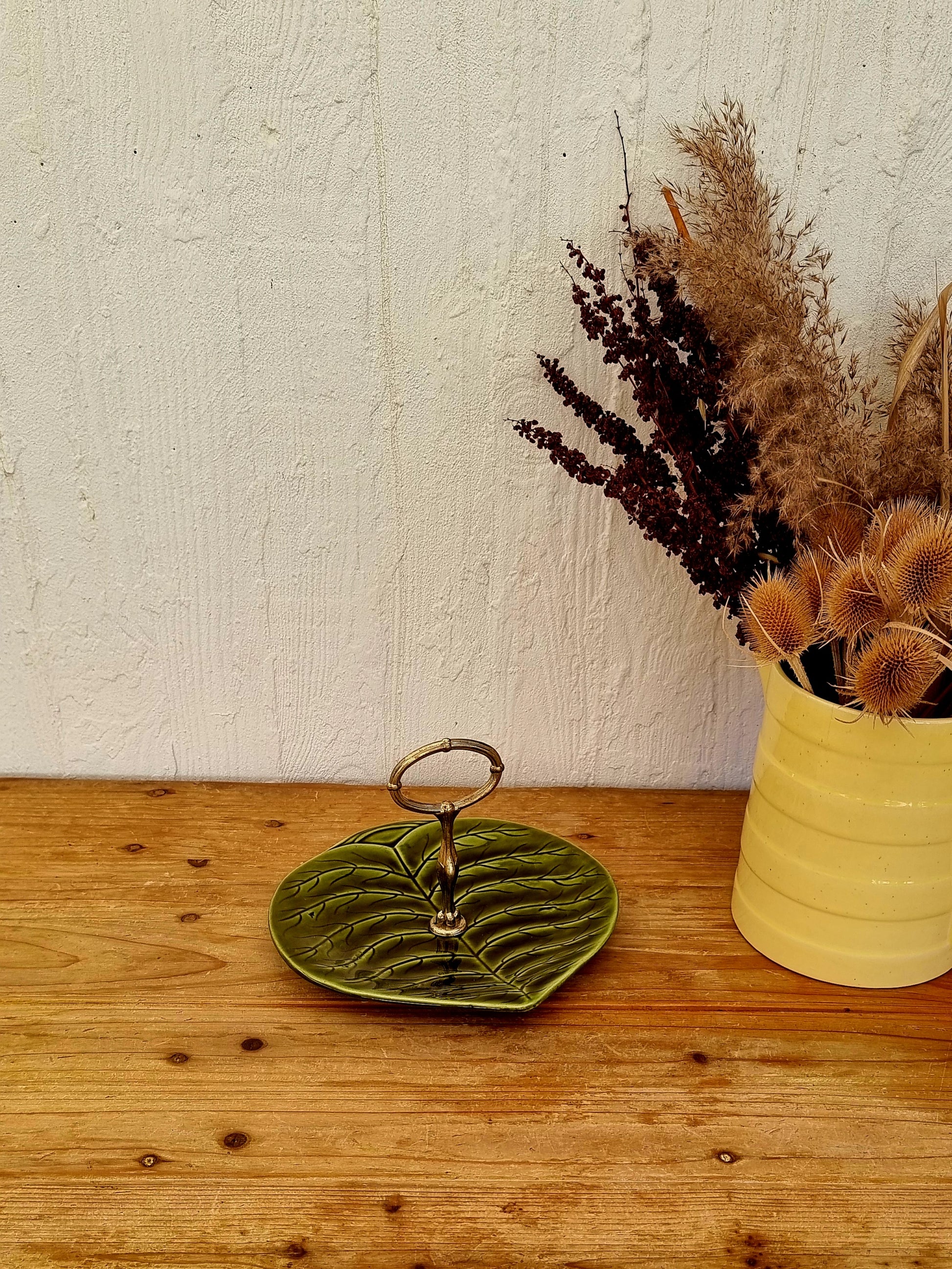 serviteur feuille verte faïence Sarreguemines brocante