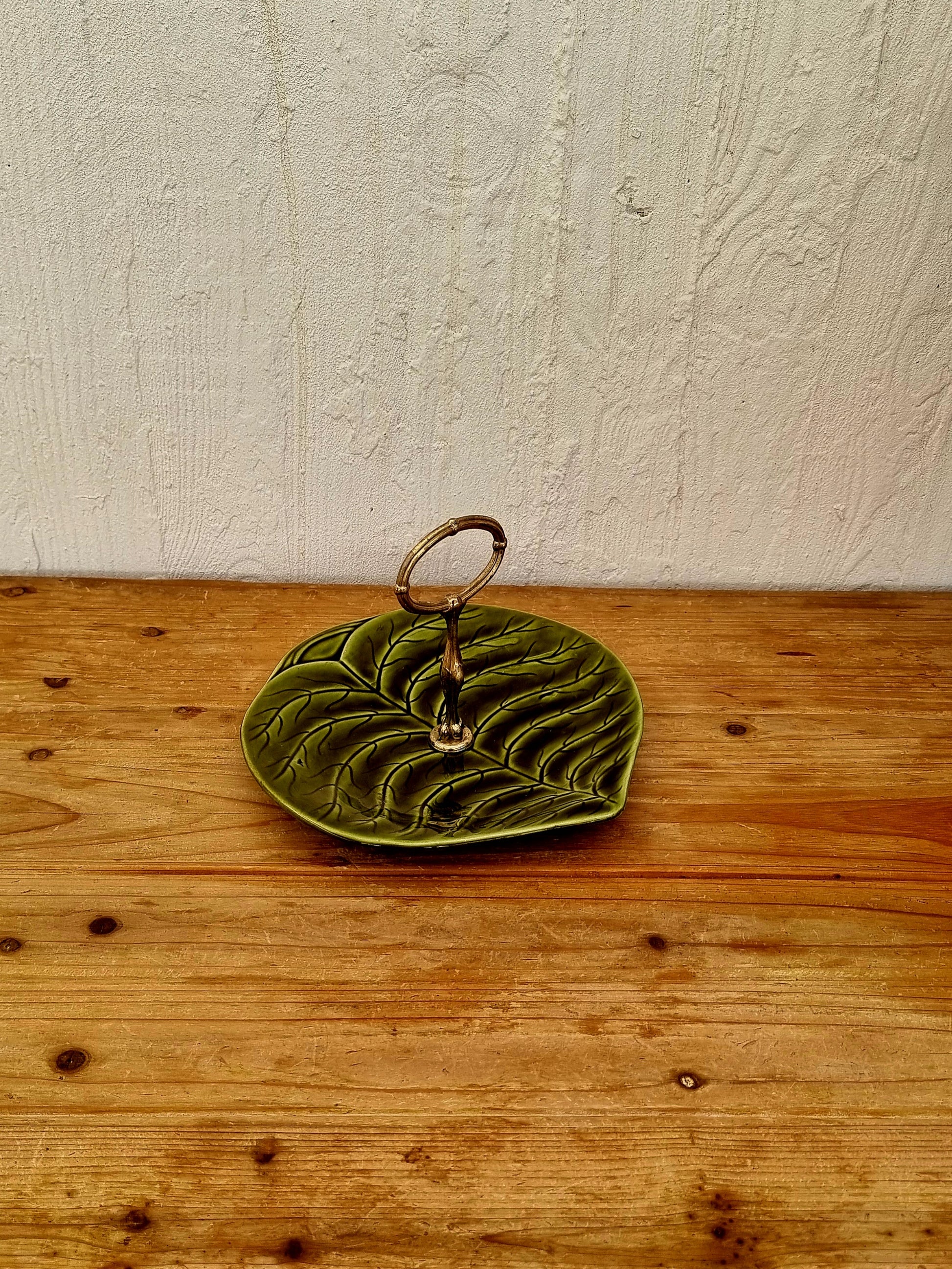 serviteur feuille verte faïence Sarreguemines brocante