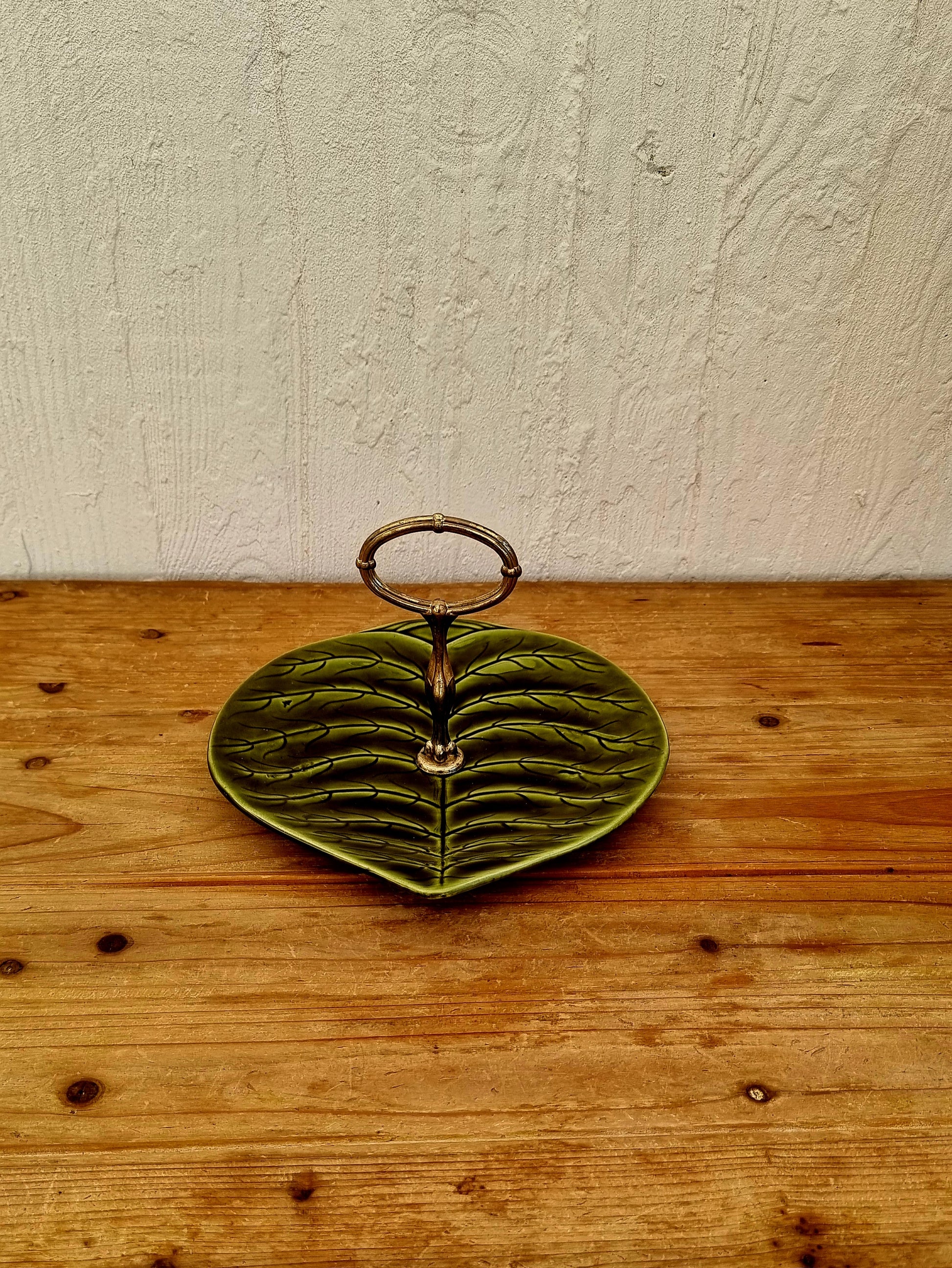 serviteur feuille verte faïence Sarreguemines brocante