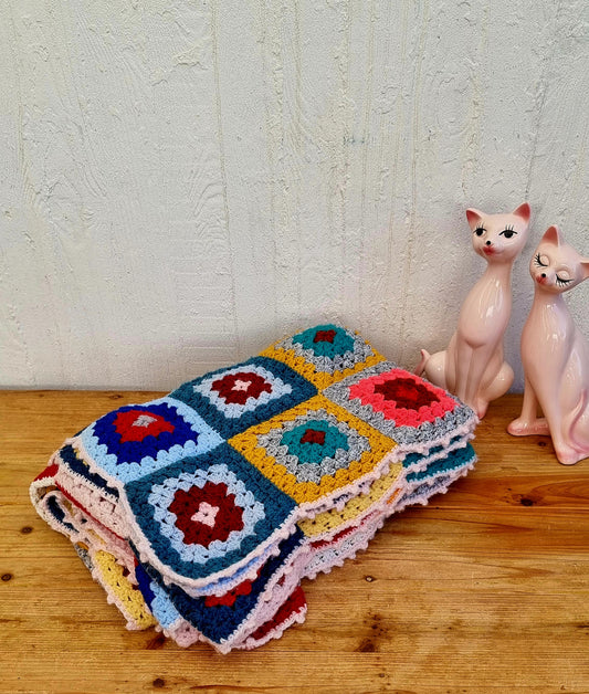 Plaid vintage en crochet multicolore fait main granny squares