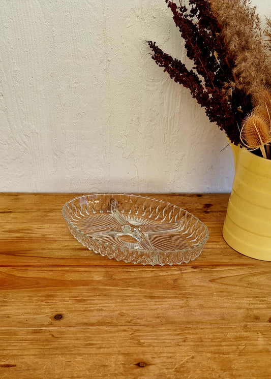 plat apéritif ovale vintage verre Made in France 4 compartiments