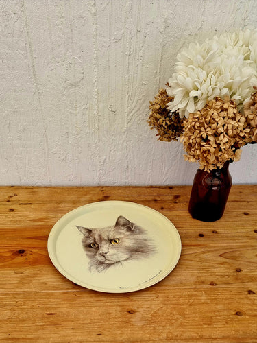 Plateau rond chat Massilly vintage marlex merline 1984 brocante en ligne les kitscheries 