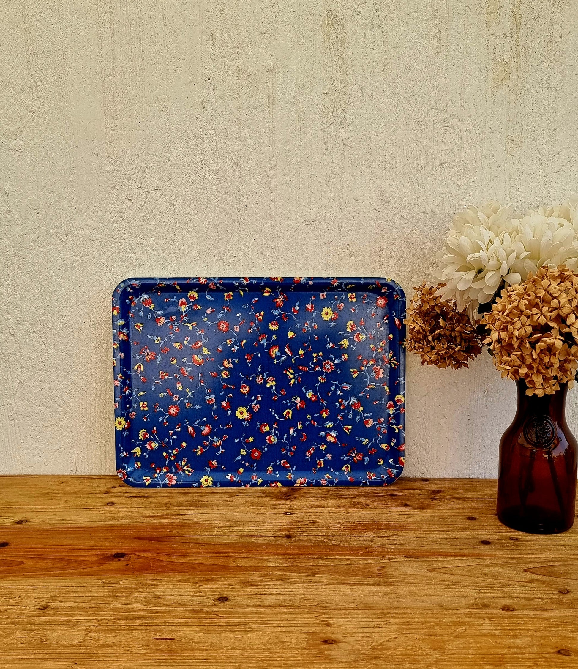 Plateau Melform à fleurs décor bleu vintage 44x32 cm