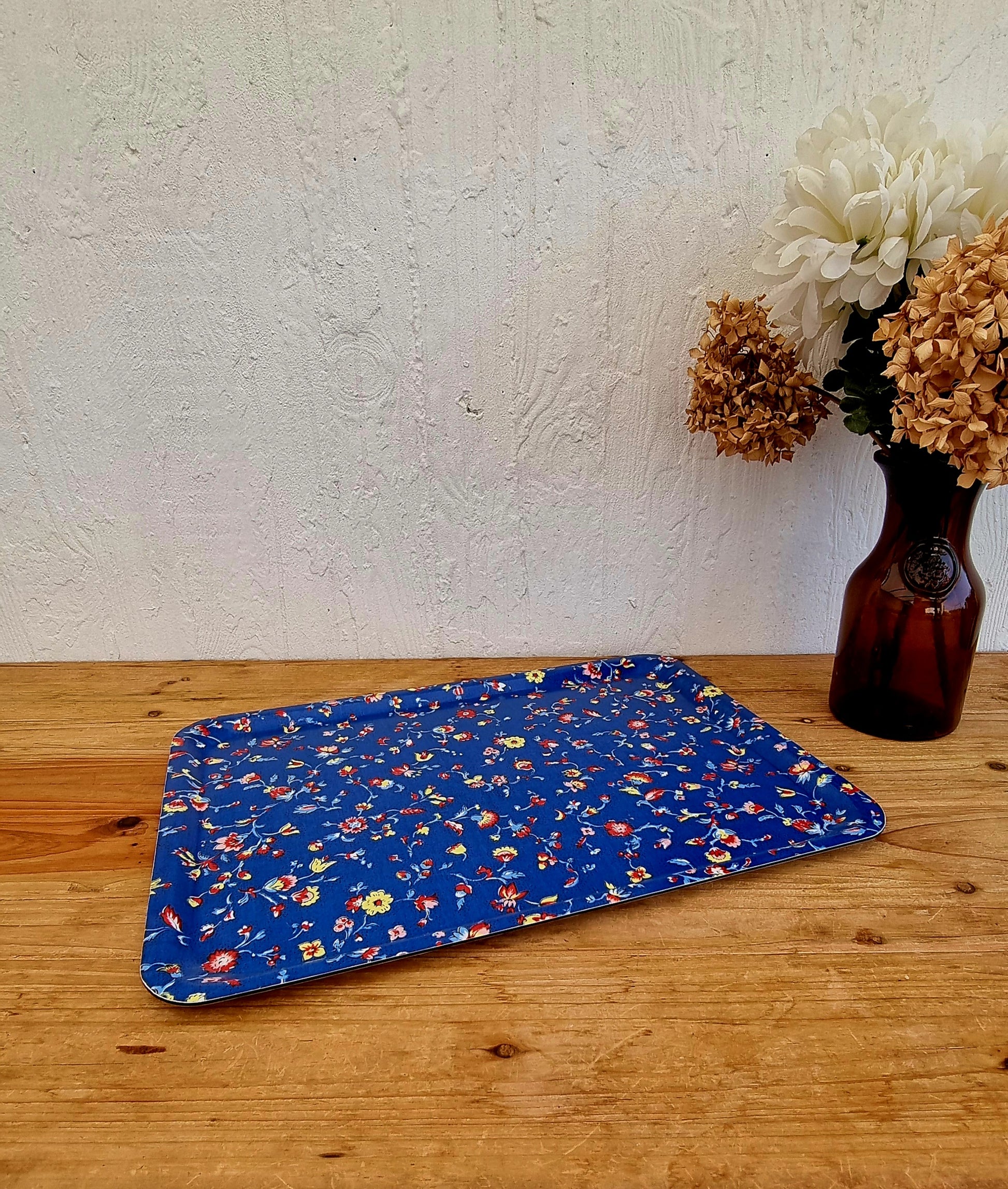 Plateau Melform à fleurs décor bleu vintage 44x32 cm
