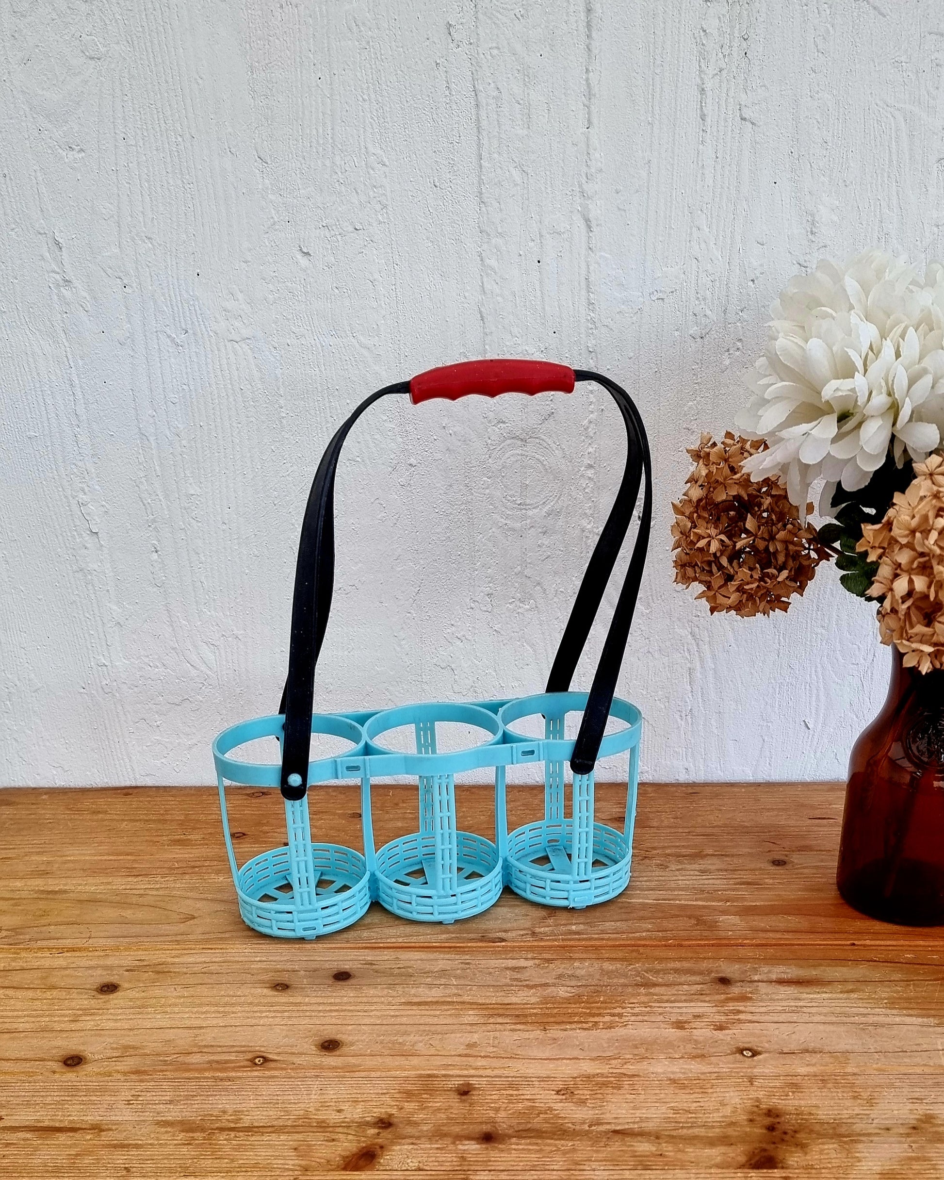 porte-bouteilles bleu turquoise vintage plastique années 70 capacité 3 bouteilles