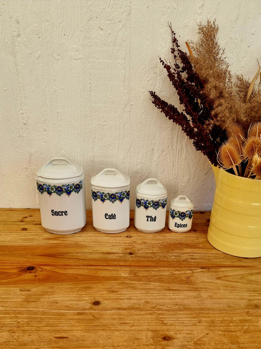 lot 4 pots à épices AICH faïence Tchécoslovaquie décor fleurs bleues