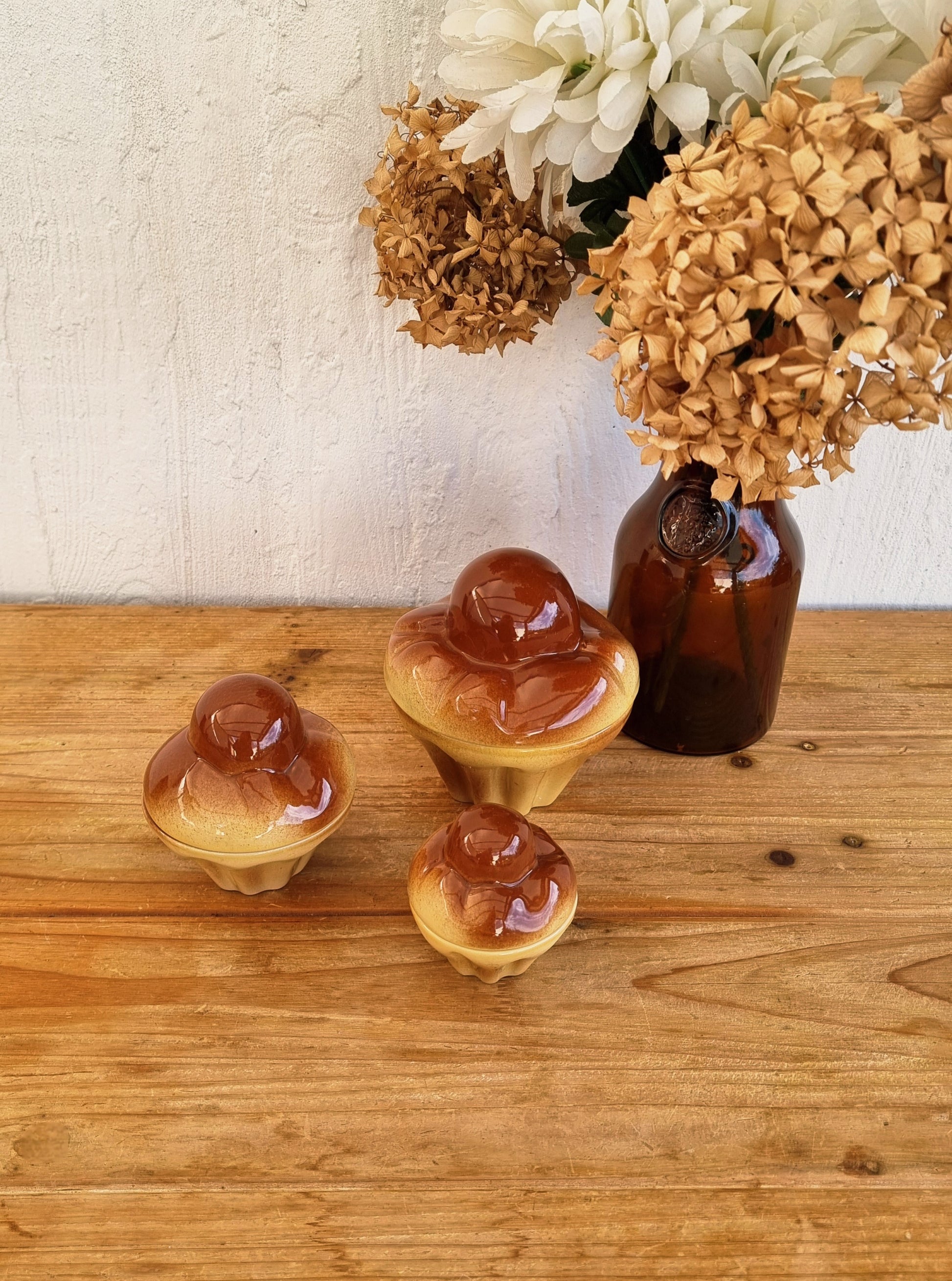 Pot céramique brioche gigognes vintage Ste AGC années 70 marron caramel