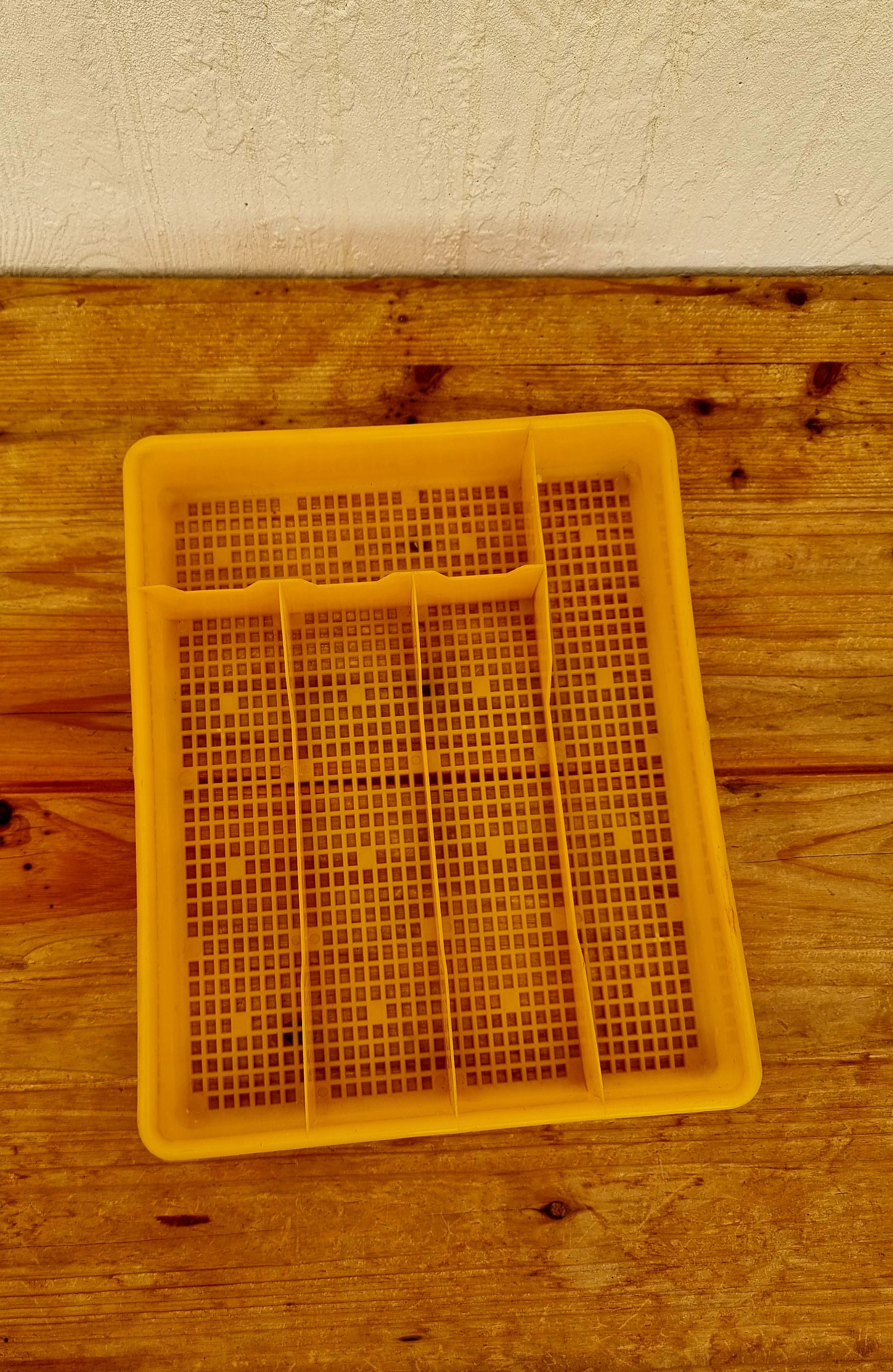 Range-couverts jaune vintage en plastique années 60 avec 5 compartiments