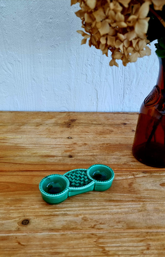 Salière double vintage en céramique vert émaillé années 60