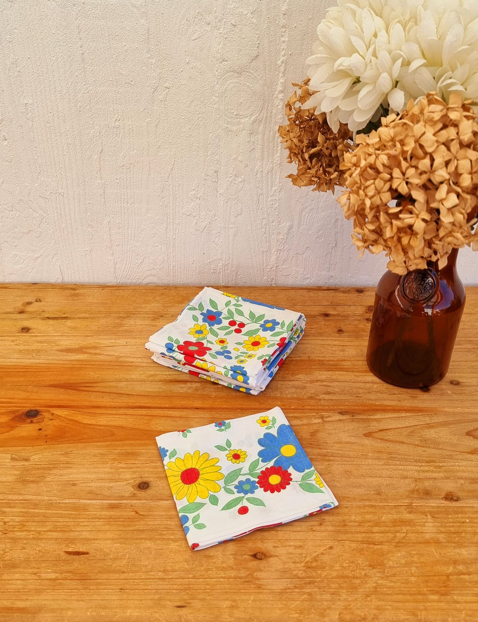Lot 8 serviettes de table vintage motif fleurs coton Made in France 43,5×42 cm