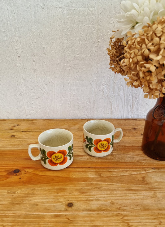 Duo de tasses vintage Weidmann en porcelaine italienne avec motif fleuri orange années 70