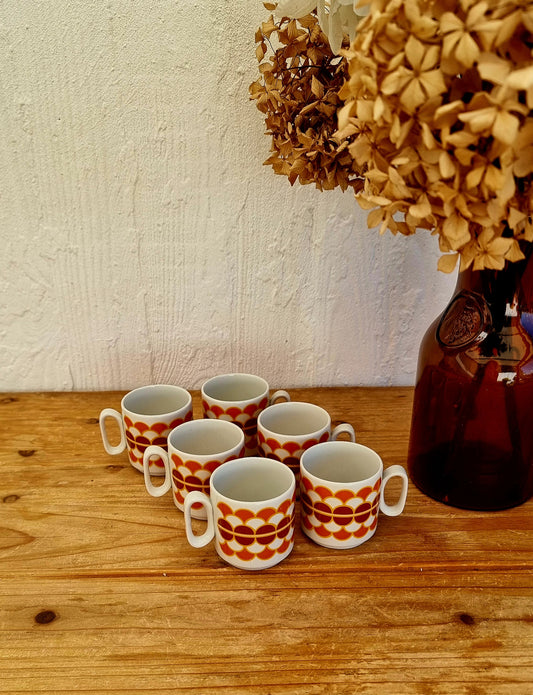 Lot de 6 tasses vintage ADP en porcelaine avec décor orange et brun années 70
