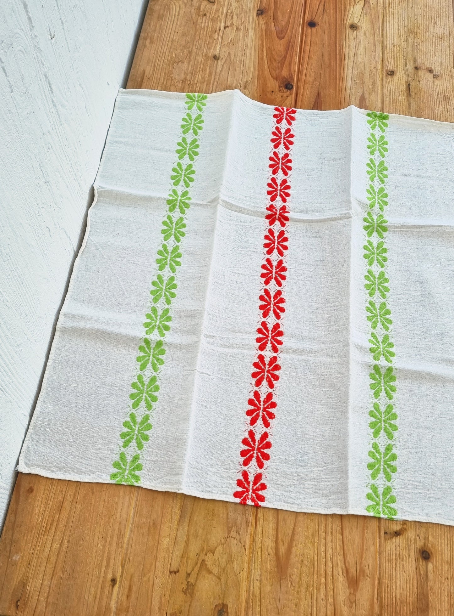 Lot de 3 torchons vintage en lin avec motifs fleuris bleu rouge et vert