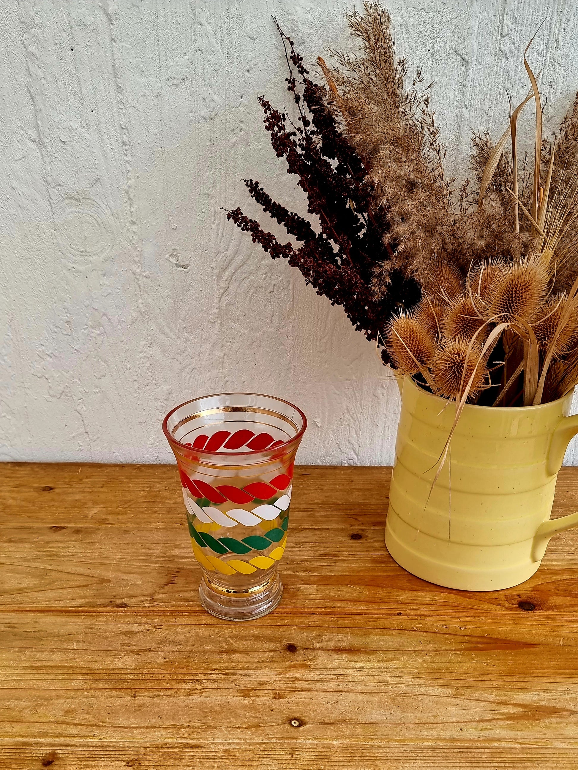 vase vintage verre rouge vert jaune blanc décor cordage années 50
