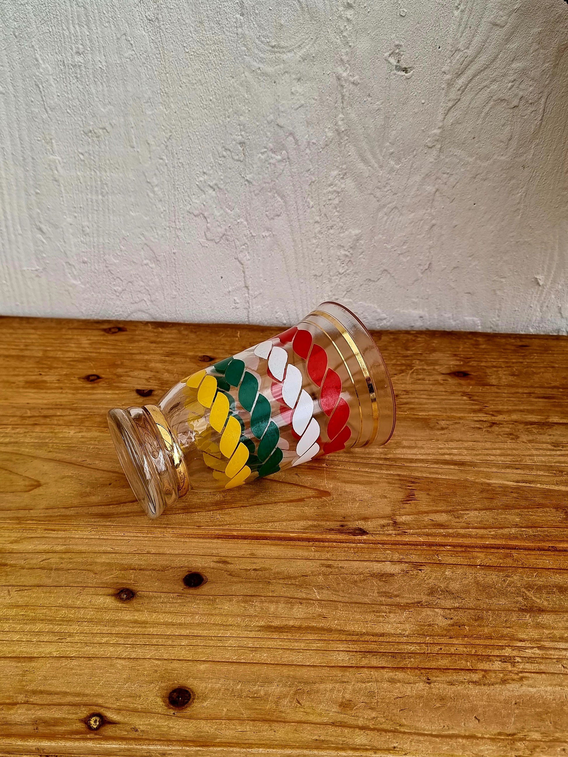 vase vintage verre rouge vert jaune blanc décor cordage années 50