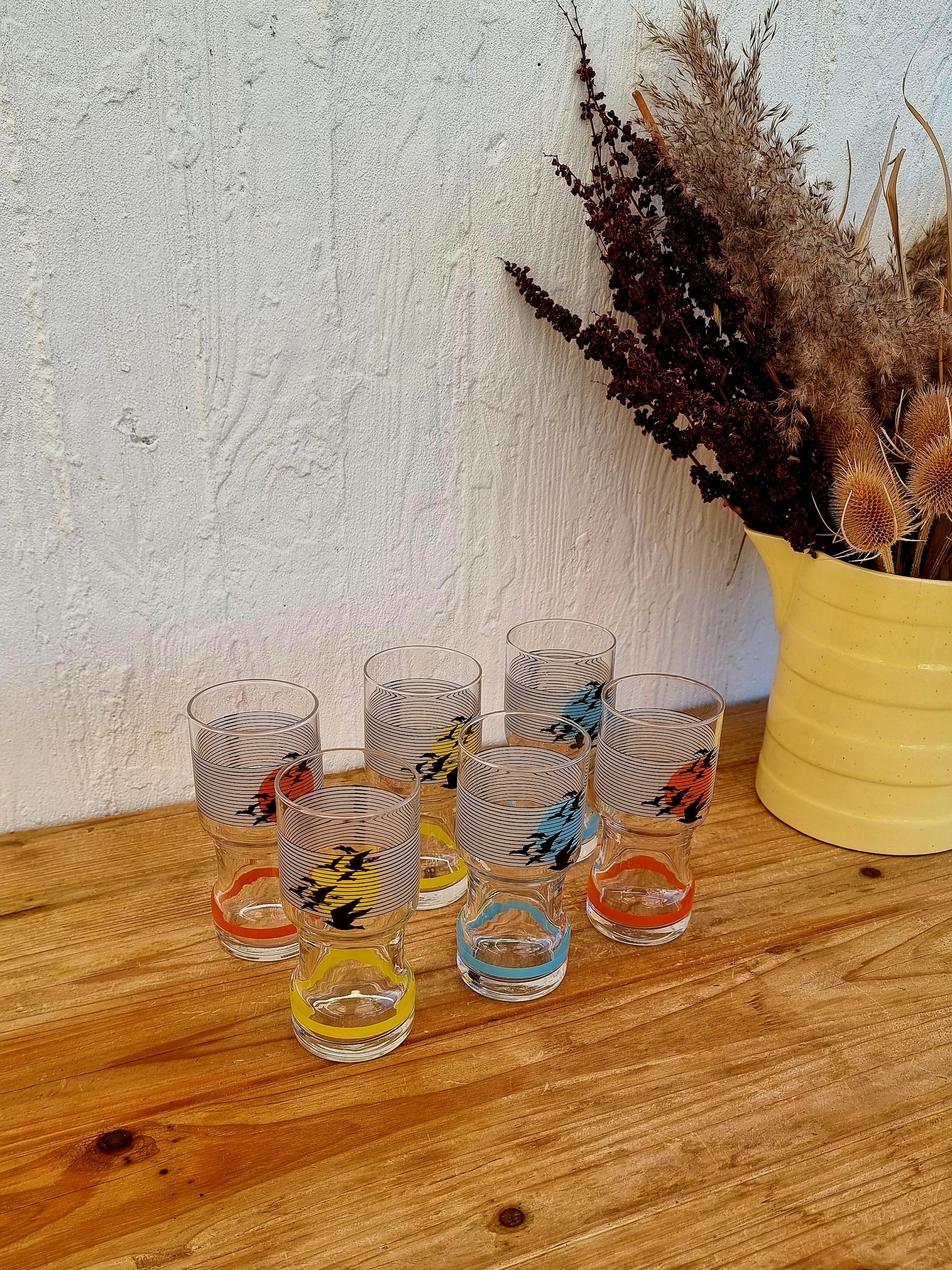 verres orangeade vintage décor oiseaux branches ensemble 6