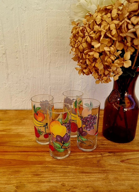 Lot de 4 verres vintage décor fruits Made in France